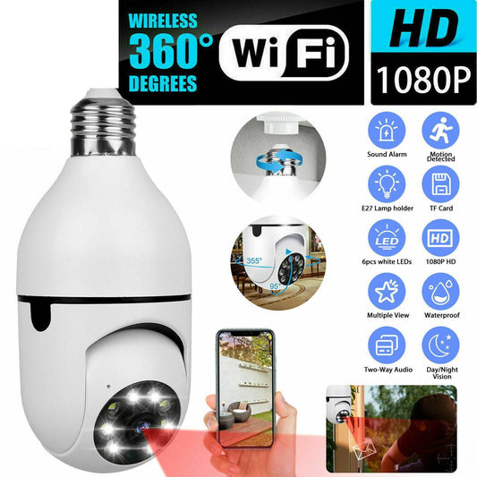Smart Light Bulb Security Camera 1080P – 360° Pan/Tilt & Motion Detection